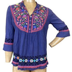 Johnny Was 3J Workshop Cotton Embroidered Top Sz M Navy Blue #304E